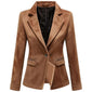 Dark Brown Suede Notch Lapel-Collar Semi-Formal Leather Blazer For Women