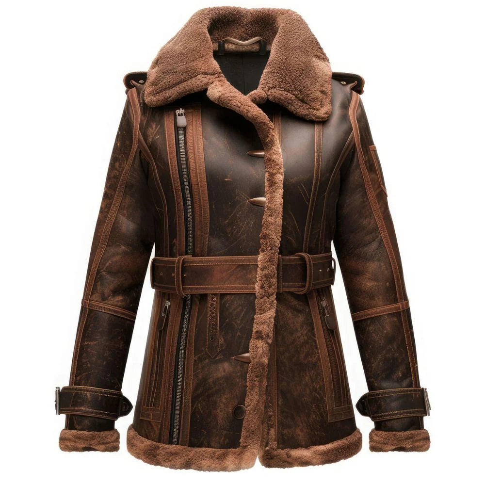 Brown Shearling Faux fur Lined Premium Sheepskin Leather Coat For Women