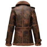 Brown Shearling Faux fur Lined Premium Sheepskin Leather Coat For Women