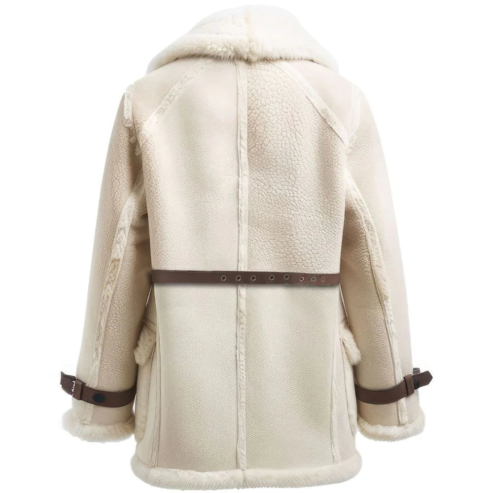 Genuine Beige Faux Fur Shearling Leather Belted Trench Coat For Women