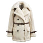 Genuine Beige Faux Fur Shearling Leather Belted Trench Coat For Women