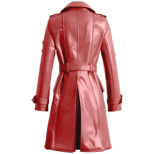 Double-Breasted Red Genuine Sheepskin Trench Leather Coat for Women