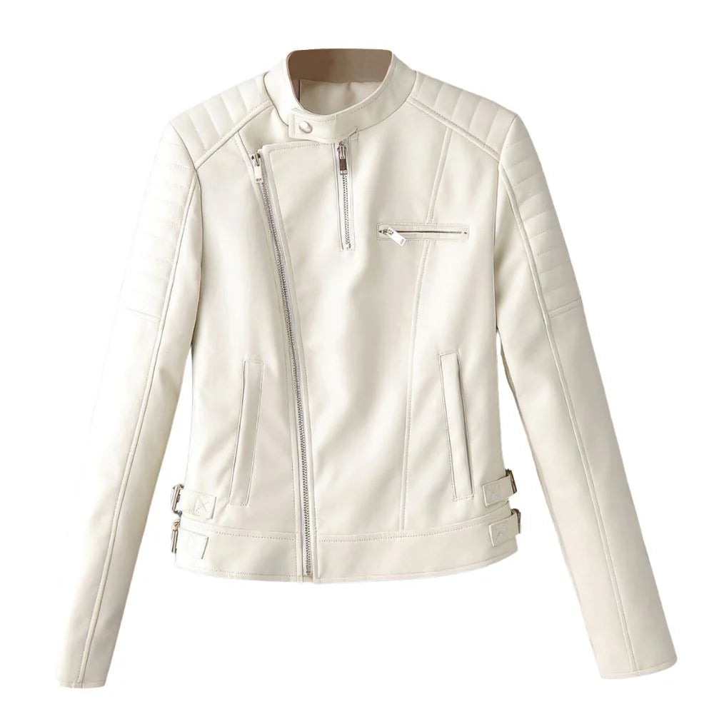 White Stylish Slim-Fit Biker Genuine Sheepskin Leather Jacket for Women