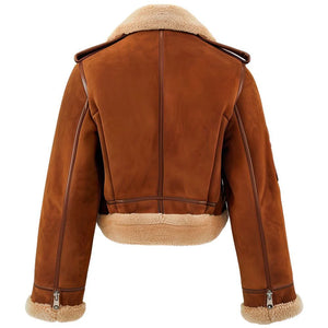 B3 Aviator Bomber Brown Suede Faux Shearling Leather Jacket for Women