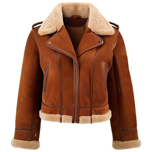 B3 Aviator Bomber Brown Suede Faux Shearling Leather Jacket for Women