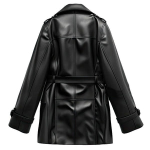 Black Double-Fronted Belted Genuine Sheepskin Leather Coat for Women