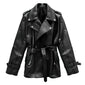 Black Double-Fronted Belted Genuine Sheepskin Leather Coat for Women