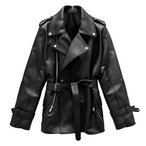 Black Double-Fronted Belted Genuine Sheepskin Leather Coat for Women