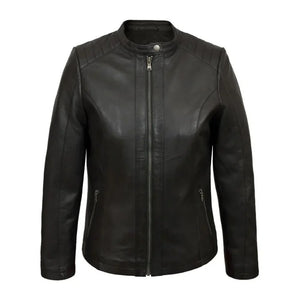 Black Quilted Shoulders Genuine Sheepskin Racer Leather Jacket For Women