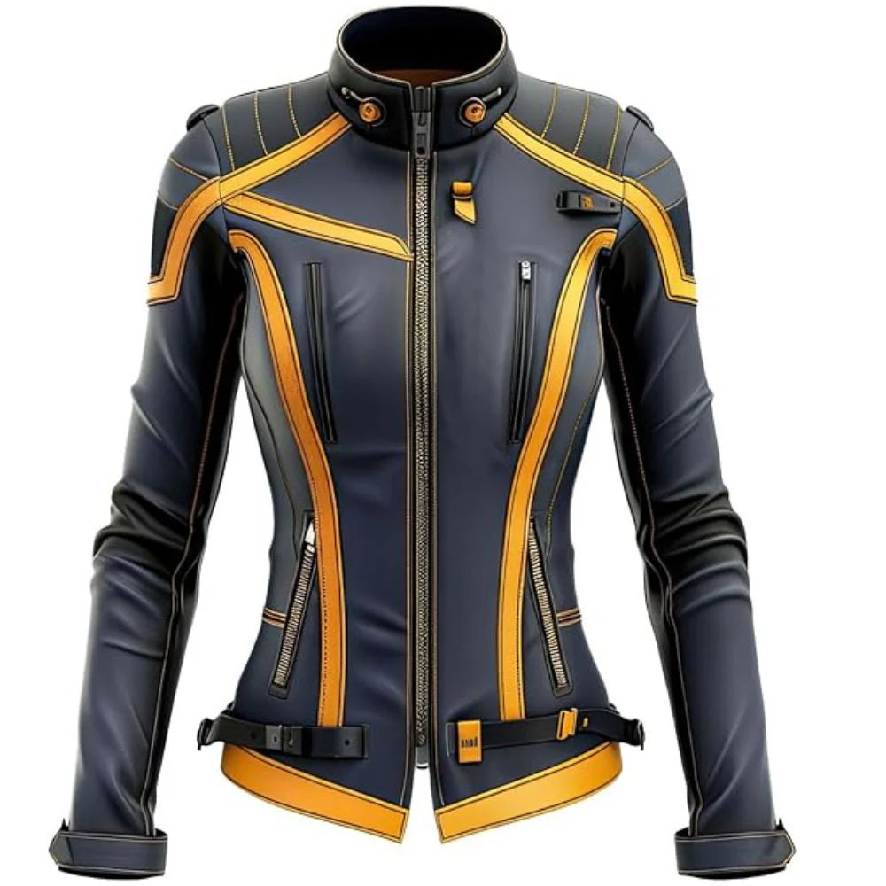 Classic Black Genuine Sheepskin Futuristic Biker Leather Jacket For Women