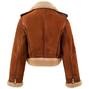 Brown Faux Shearling Genuine Sheepskin Suede Leather Jacket For Women