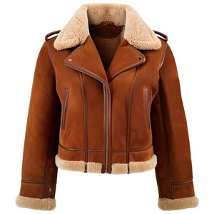 Brown Faux Shearling Genuine Sheepskin Suede Leather Jacket For Women