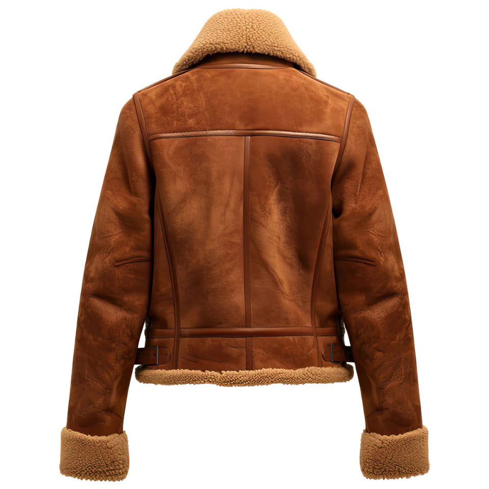 Brown Faux Shearling Fur Lambskin Suede Leather Jacket for Women