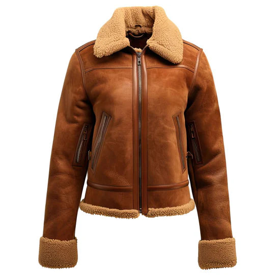 Brown Faux Shearling Fur Lambskin Suede Leather Jacket for Women