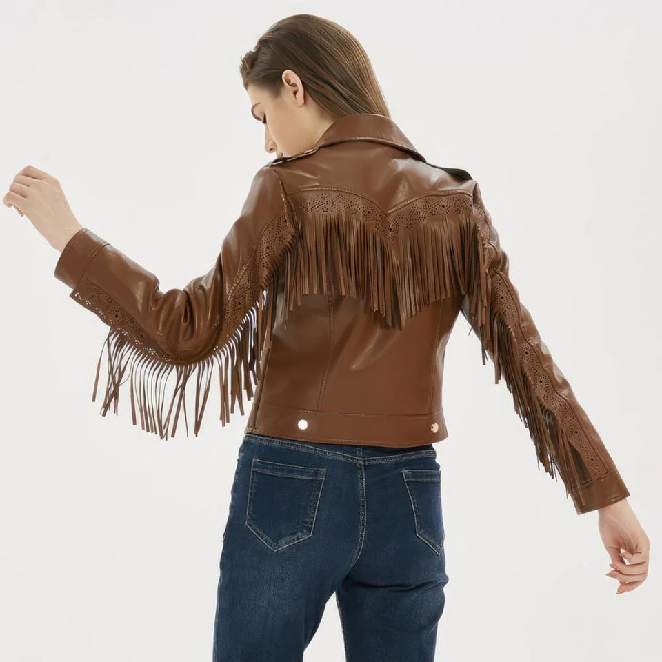 Classic Brown Fringed Tassels Genuine Sheepskin Leather Jacket For Women