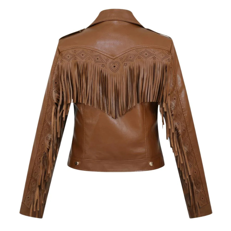 Classic Brown Fringed Tassels Genuine Sheepskin Leather Jacket For Women