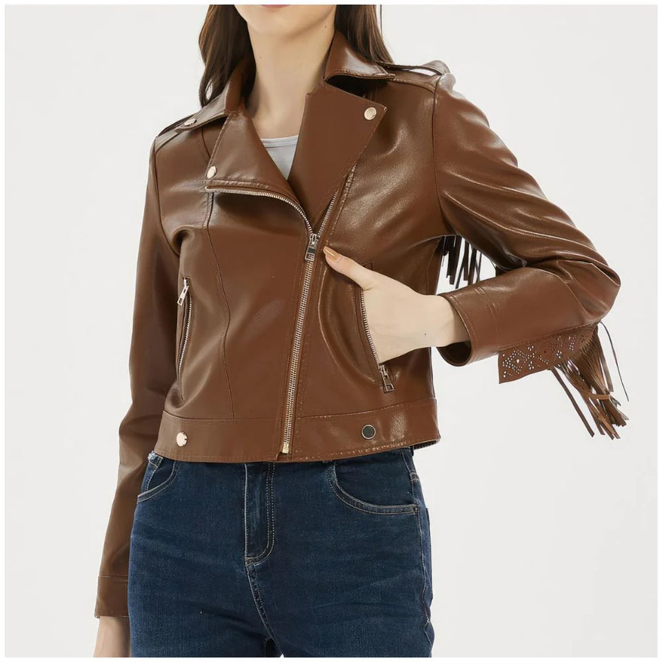 Classic Brown Fringed Tassels Genuine Sheepskin Leather Jacket For Women