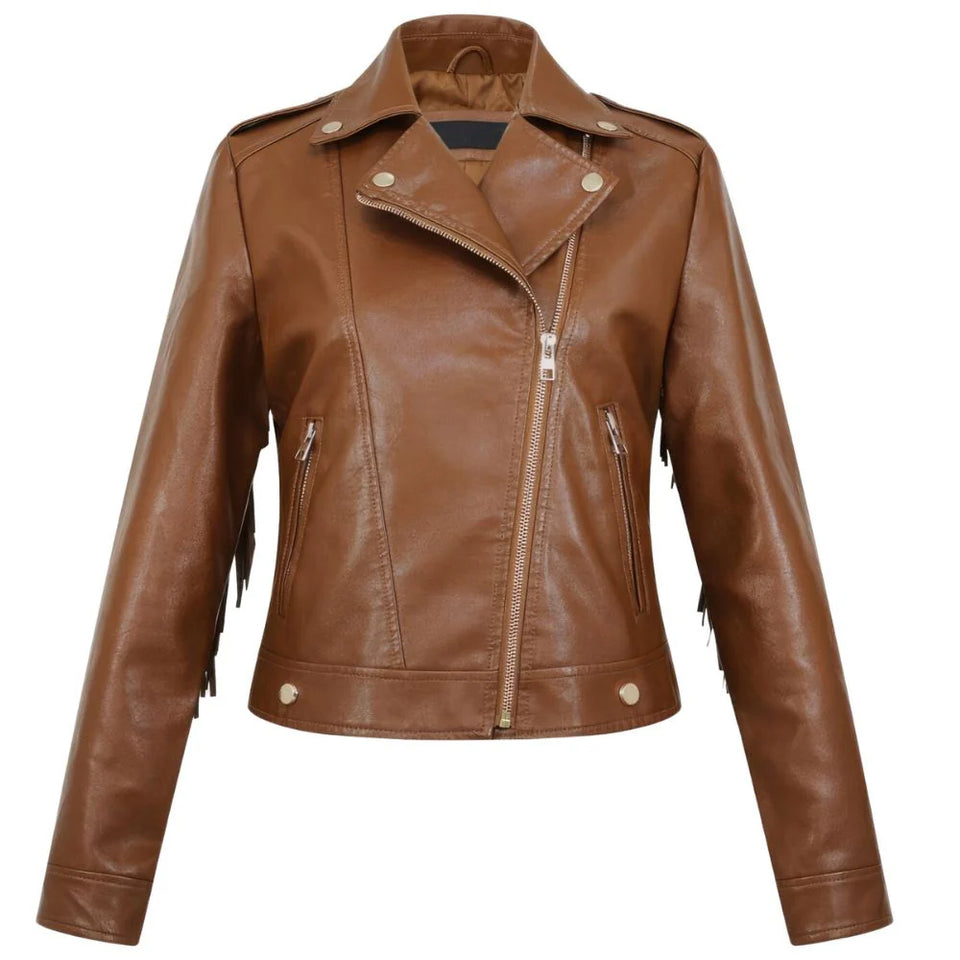 Classic Brown Fringed Tassels Genuine Sheepskin Leather Jacket For Women