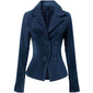 Navy Blue Lapel Collar Two Button Genuine Suede Leather Blazer for Women