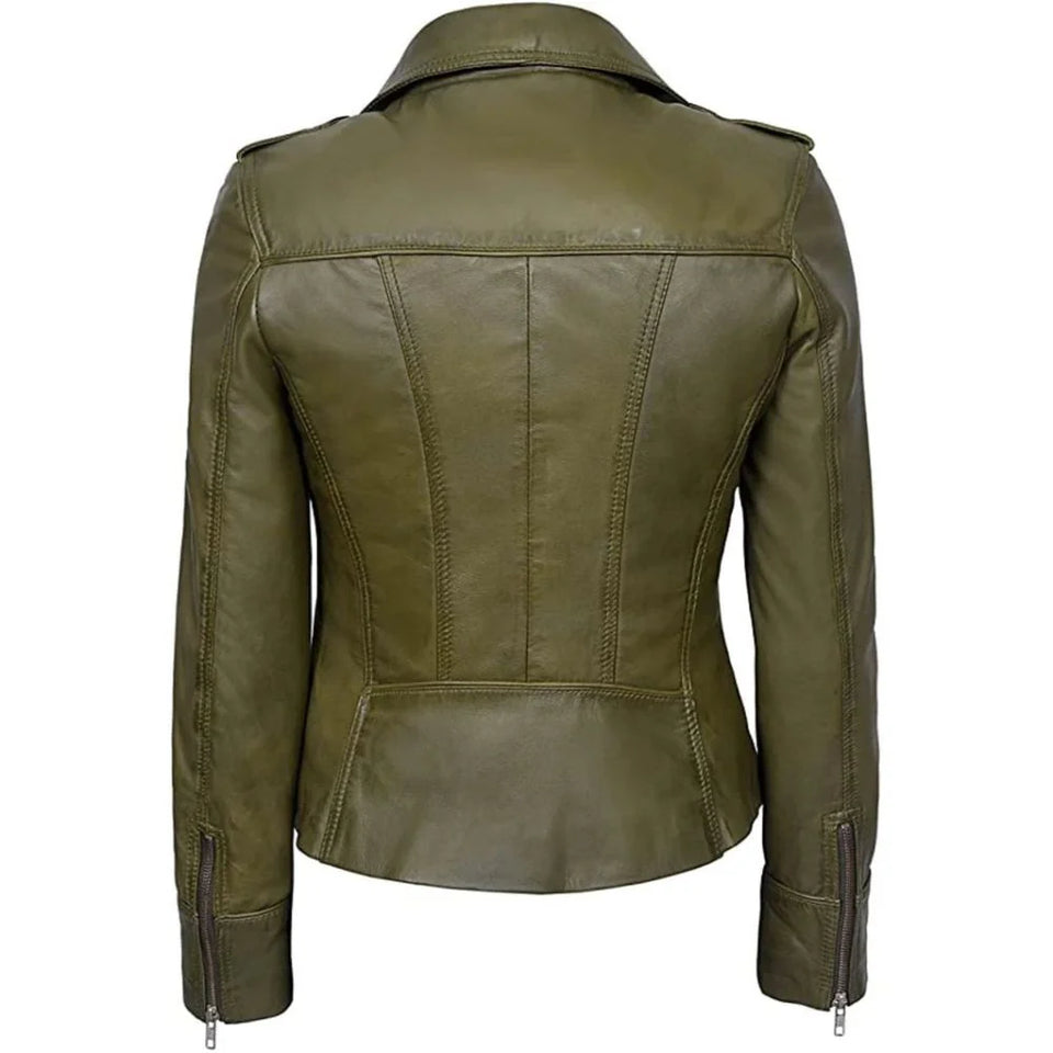 Rider Lightweight Olive Green Genuine Sheepskin Leather Jacket For Women