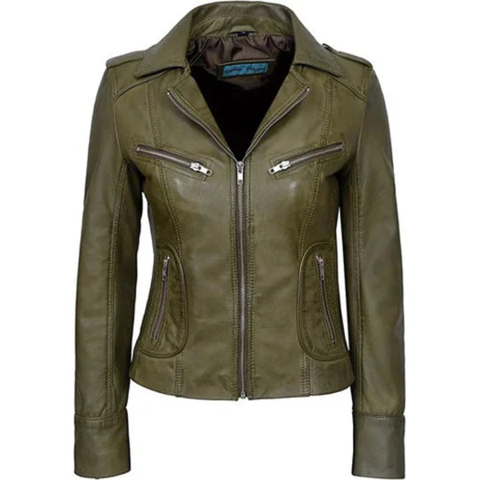 Rider Lightweight Olive Green Genuine Sheepskin Leather Jacket For Women