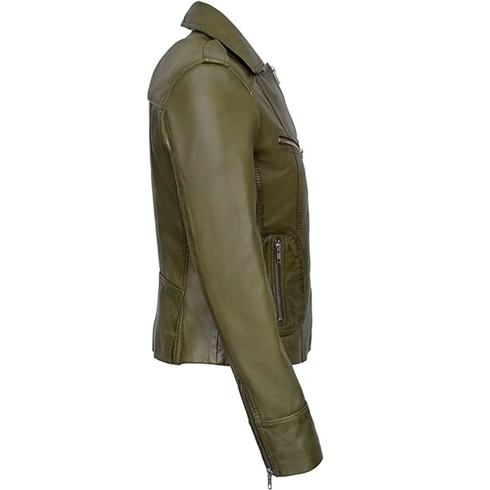 Rider Lightweight Olive Green Genuine Sheepskin Leather Jacket For Women