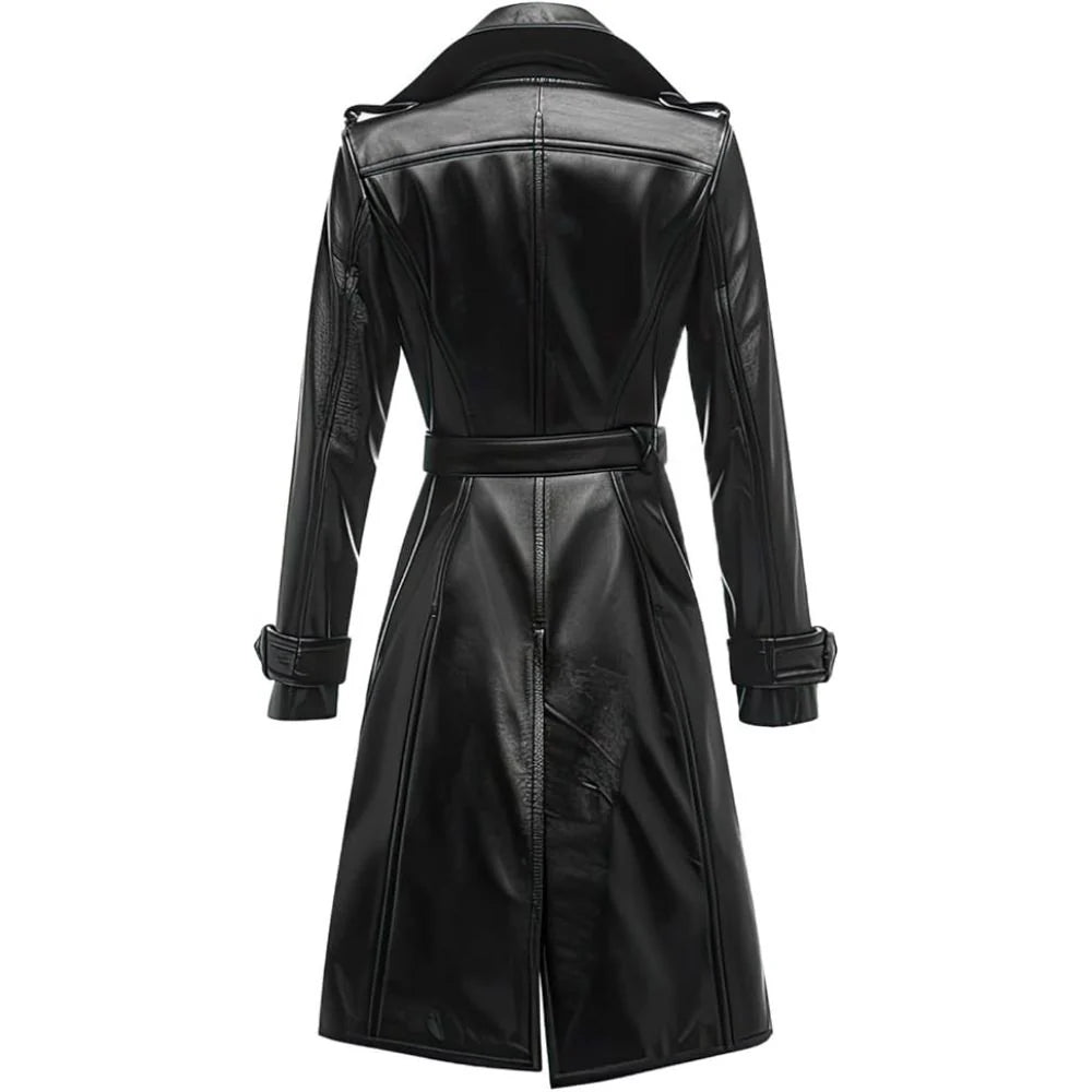 Classic Black Genuine Sheepskin Knee Length Trench Leather Coat for Women