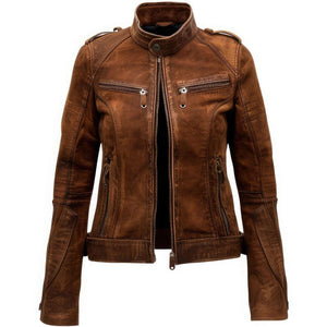 Classic Distressed Brown Genuine Suede Leather Jacket for Women