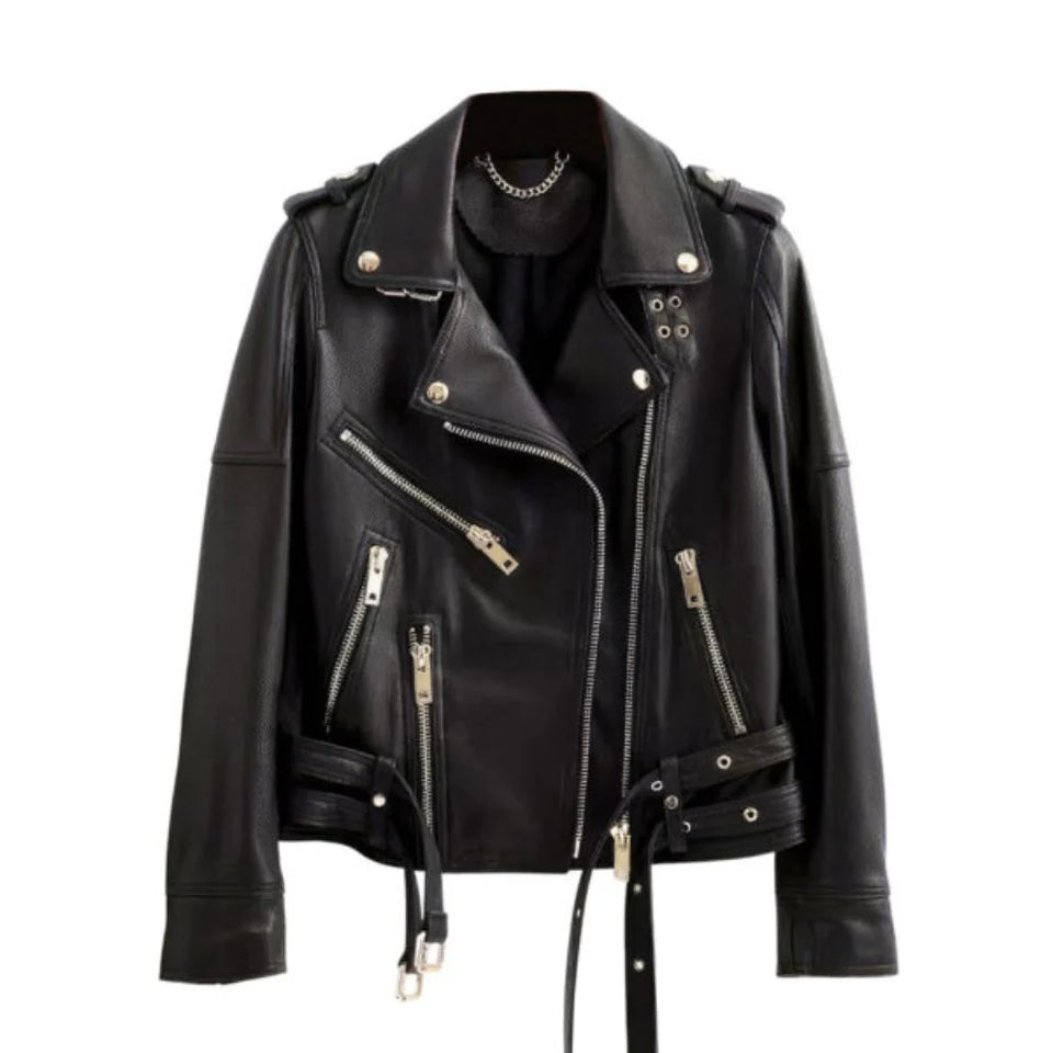 Classic Belted Black Biker Genuine Sheepskin Leather Jacket for women