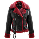 Black Genuine Sheepskin Faux Shearling Fur Leather Jacket For Women