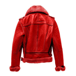 Red Genuine Sheepskin Faux Shearling Fur Leather Jacket for Women