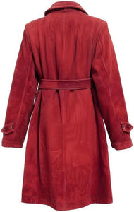 Red  Genuine Suede Elegant Crossover Lapel Collar Trench Coat For Women