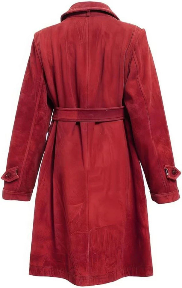 Red  Genuine Suede Elegant Crossover Lapel Collar Trench Coat For Women