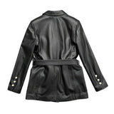 Solid Black Safari Belted Premium Sheepskin Leather Coat for Women