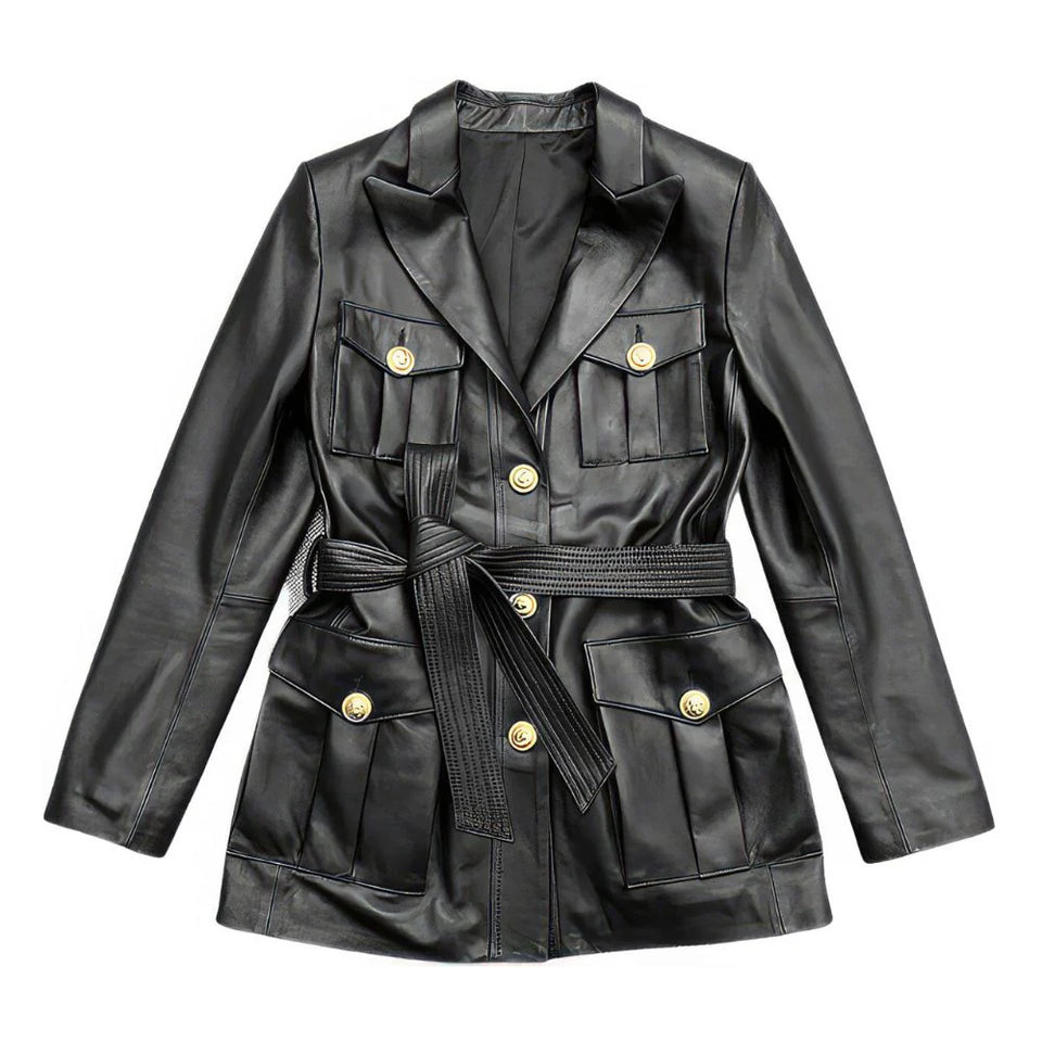 Solid Black Safari Belted Premium Sheepskin Leather Coat for Women