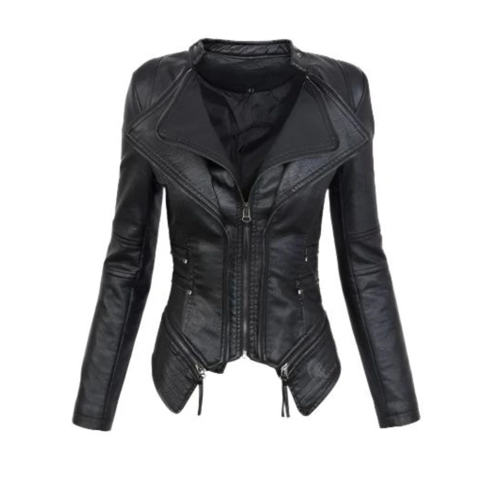 Winter Black Gothic Biker Genuine Sheepskin Leather Jacket for Women