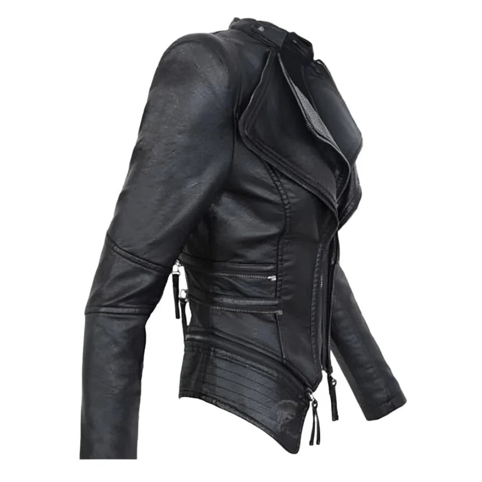 Winter Black Gothic Biker Genuine Sheepskin Leather Jacket for Women