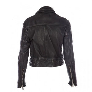 Black Quilted Motorcycle Genuine Sheepskin Leather Jacket for Women