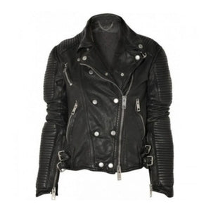 Black Quilted Motorcycle Genuine Sheepskin Leather Jacket for Women