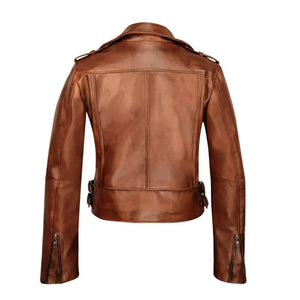 Brown Vintage Motorcycle Genuine Sheepskin Leather Jacket for Women