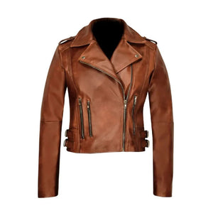 Brown Vintage Motorcycle Genuine Sheepskin Leather Jacket for Women