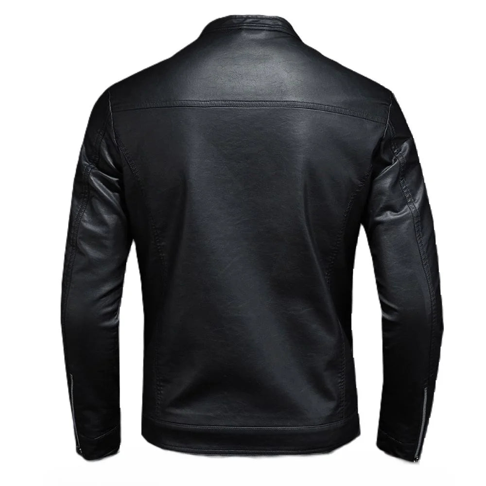 Stone Black Stand-Up Collar Genuine Cowhide Biker Leather Jacket For Men