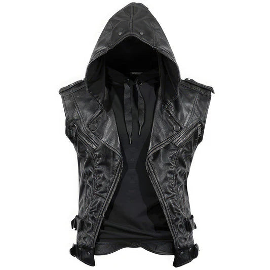 Classic Black Hooded Genuine Sheepskin Leather Vest Coat for Men