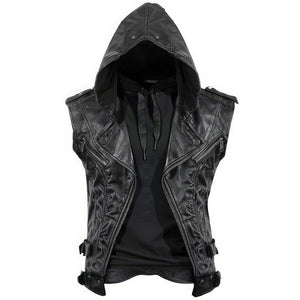 Classic Black Hooded Genuine Sheepskin Leather Vest Coat for Men