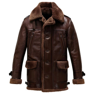 Dark Brown Faux Shearling Fur Flight Cowhide Leather Coat for Men