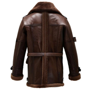 Dark Brown Faux Shearling Fur Flight Cowhide Leather Coat for Men