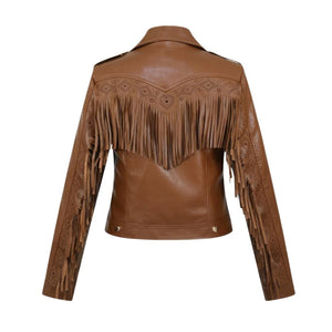 Brown Winter Fringe Motorcycle Genuine Sheepskin Leather Jacket for Women