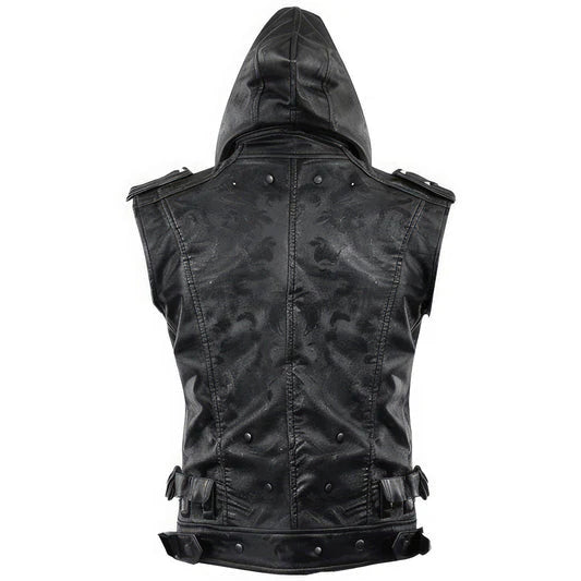 Classic Black Hooded Genuine Sheepskin Leather Vest Coat for Men