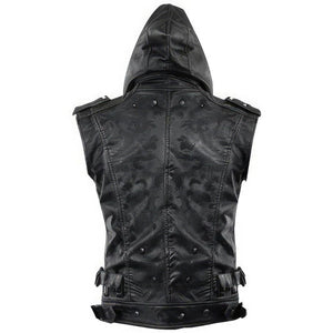 Classic Black Hooded Genuine Sheepskin Leather Vest Coat for Men