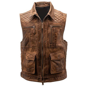 Distressed Brown Genuine Sheepskin Leather Vest Coat  For Men